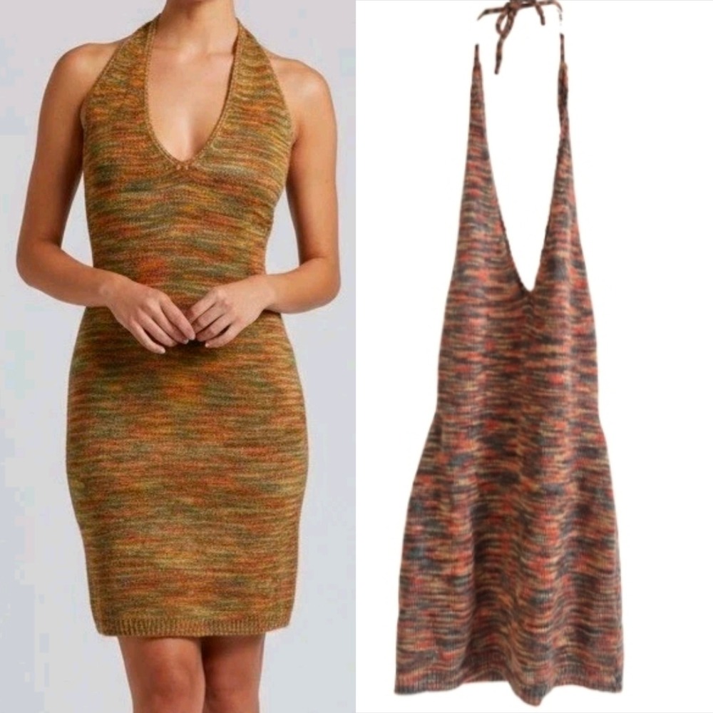 RUVE XS Vana Space Dye Knit Halter Mini Dress Orange Brown‎ Green Boho